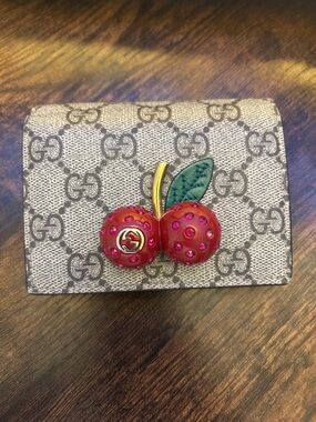 Gucci Beige GG Monogram Card Holder with Red Jeweled Cherry